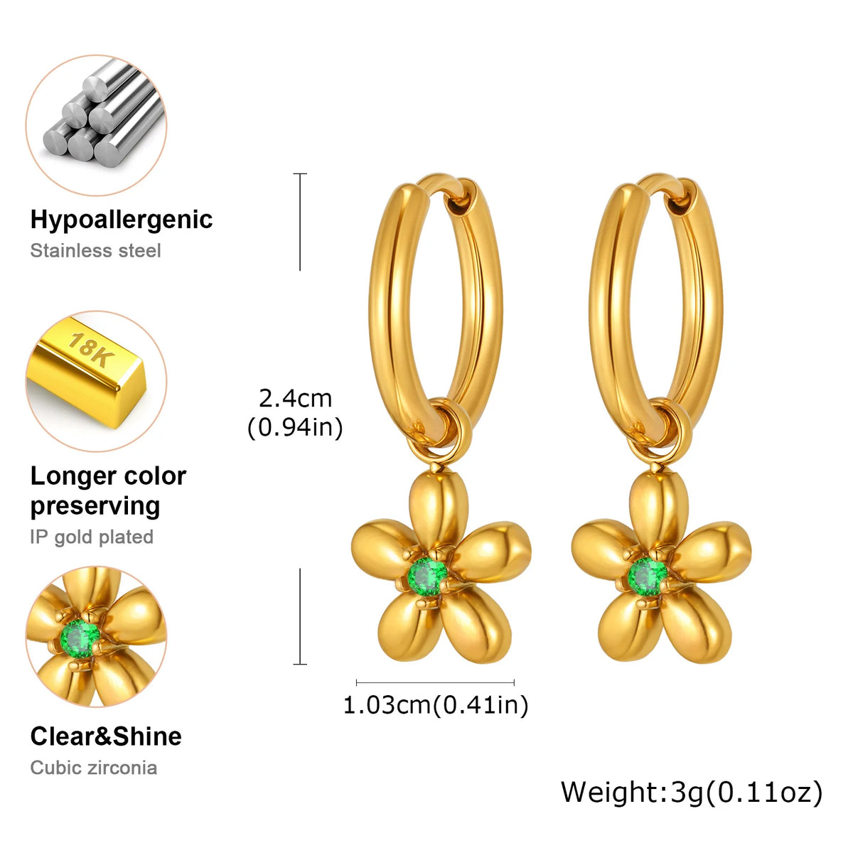 Gold flower charm hoop earrings with green stone centers, shown with size and material details.