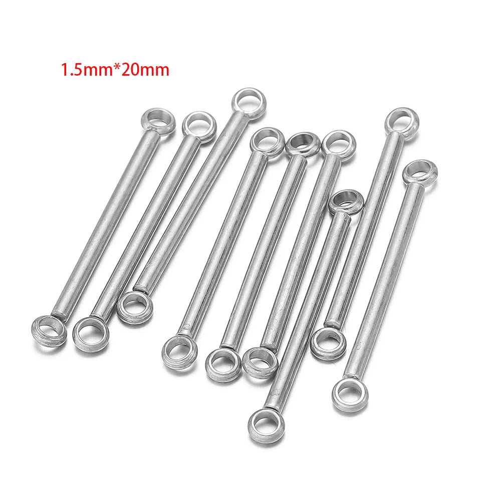 Silver stainless steel double-cylinder rod earring connectors, straight rods with end eyelets