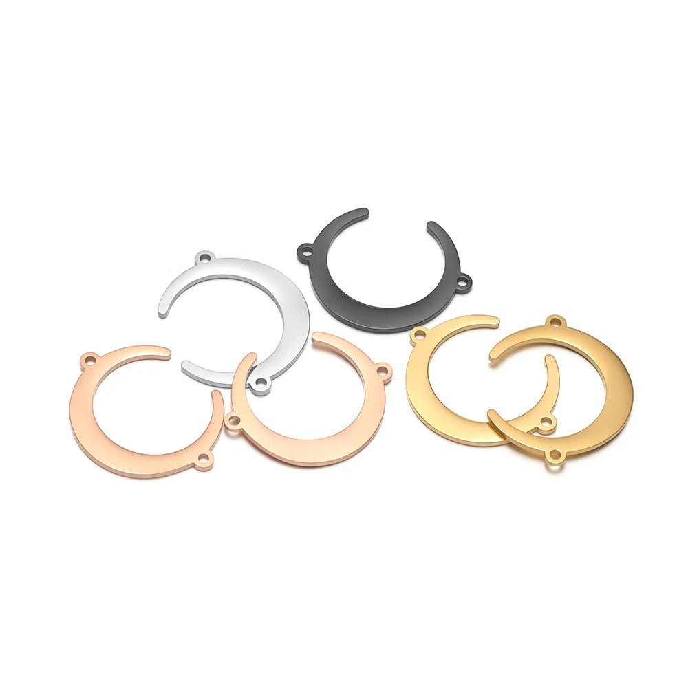 Assorted moon-shaped stainless steel pendant charms with double-hole connector, mixed finishes
