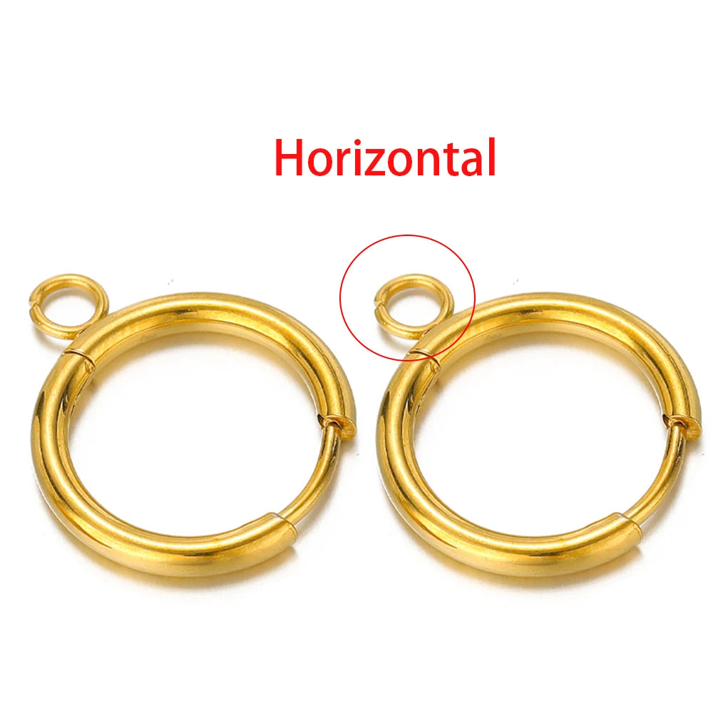 Gold-tone huggie hoops showing horizontal loop post placement on the ring.