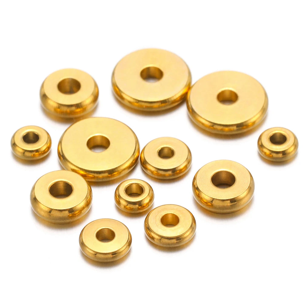 Gold round flat spacer beads with center holes, assorted sizes for DIY jewelry making