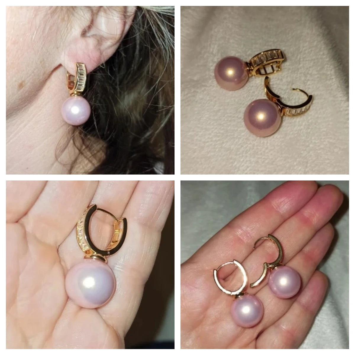 Gold-tone hoop earrings with round pearl-like pink stones