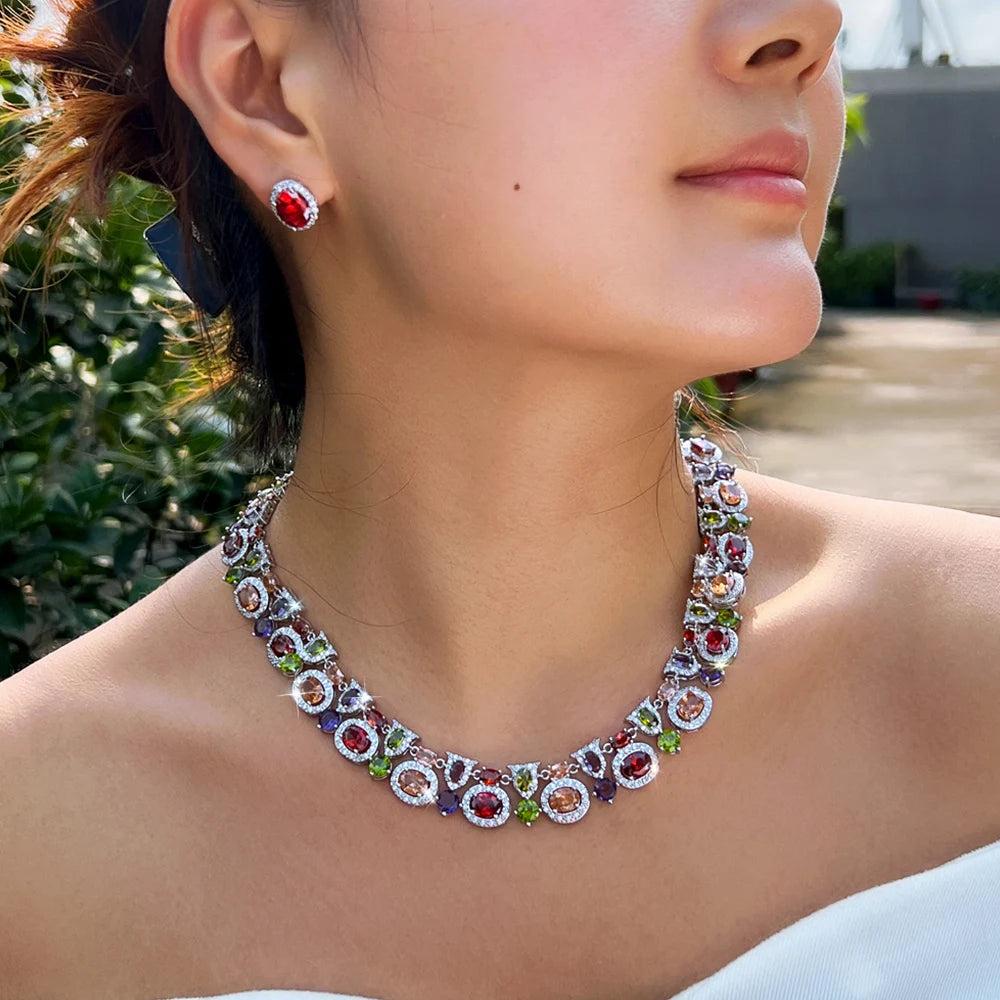 Luxury Geometric Multicolor Cubic Zirconia Earrings Wedding Costume Jewelry Sets For Women Boho Party