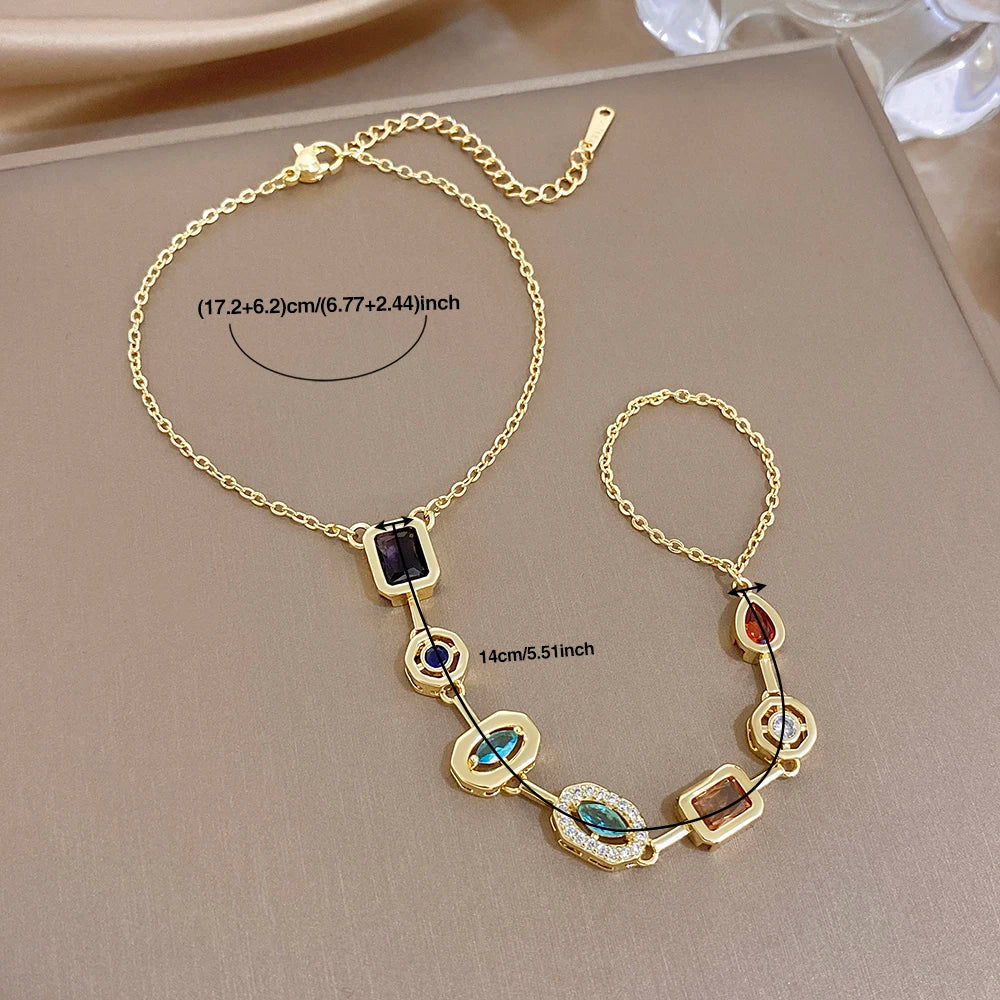 Gold-tone geometric zircon bracelet set with square and oval multicolor stones, two pieces