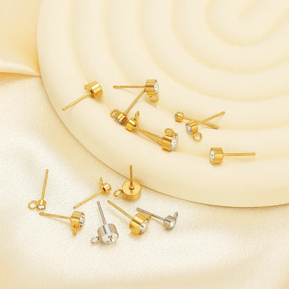 Gold-tone zircon stud earring posts and loop backs for DIY jewelry making