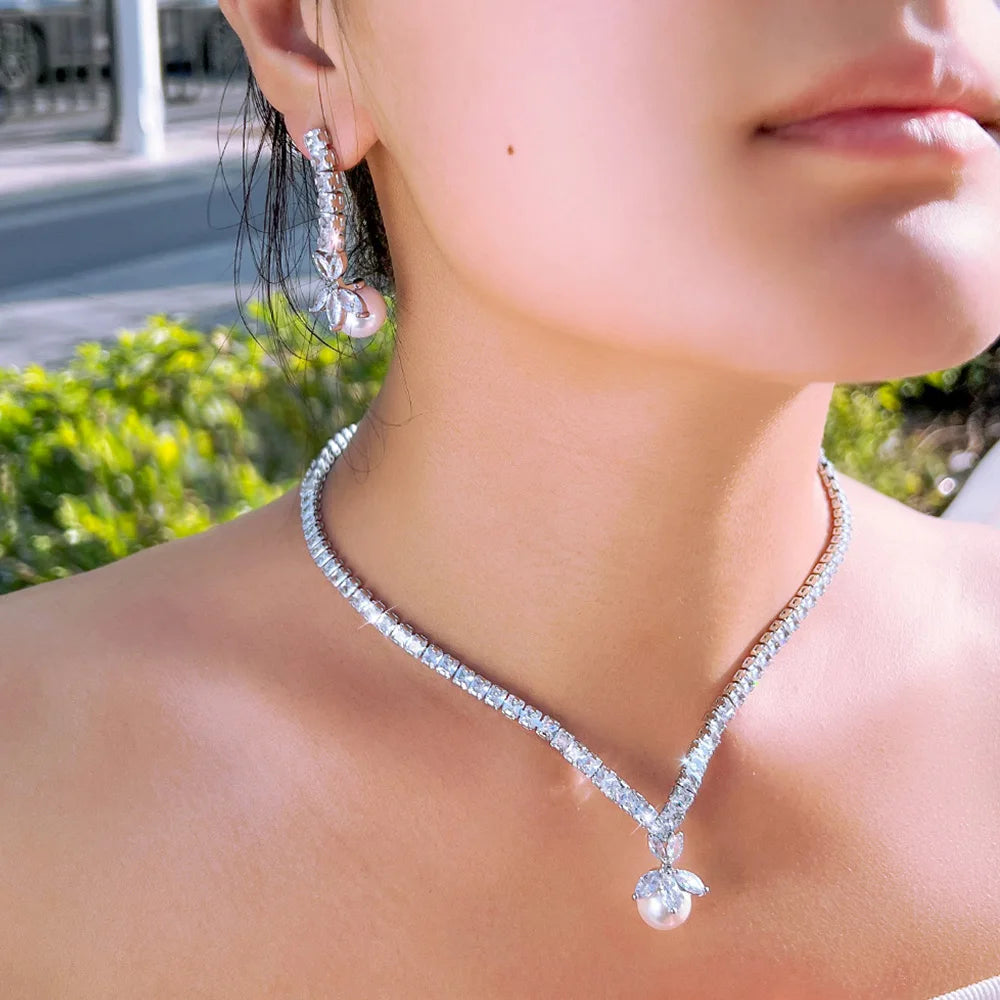 Shiny Cubic Zircon Pearl Necklace Earrings Costume Jewelry Sets for Women Party Bridal Wedding