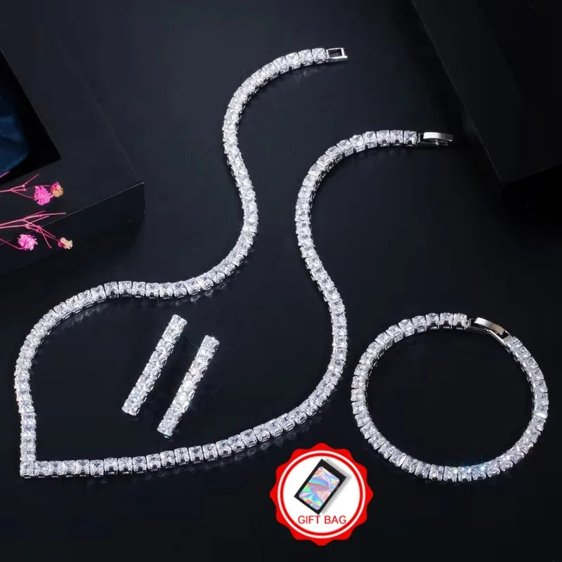 Silver-tone cubic zirconia necklace, bracelet and drop earrings set with gift bag icon