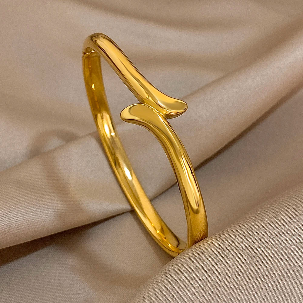 Minimalist Glossy Stainless Steel Cuff Bangle Bracelet for Women Fashion Gold Plated Smooth Bracelets Waterproof Jewelry