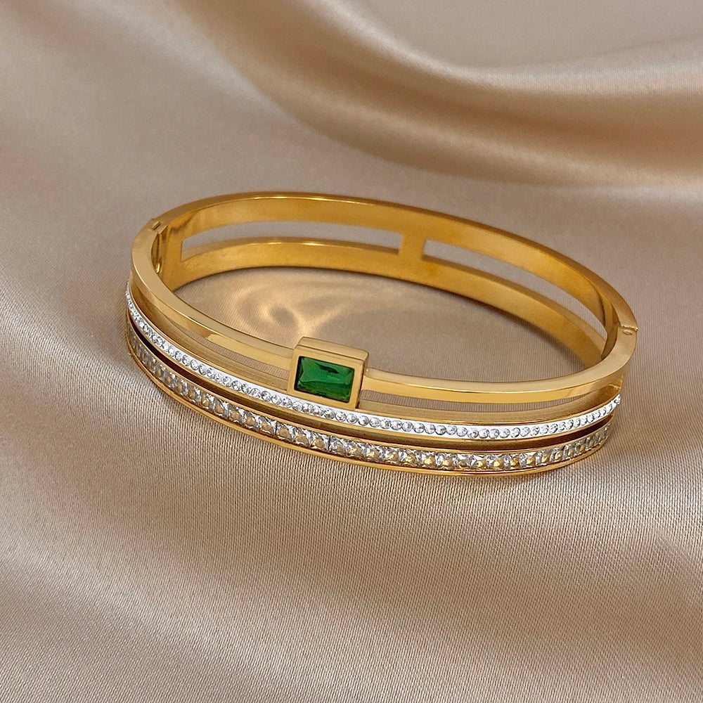 Gold-plated stainless steel cuff bracelet with green square zircon and clear stones