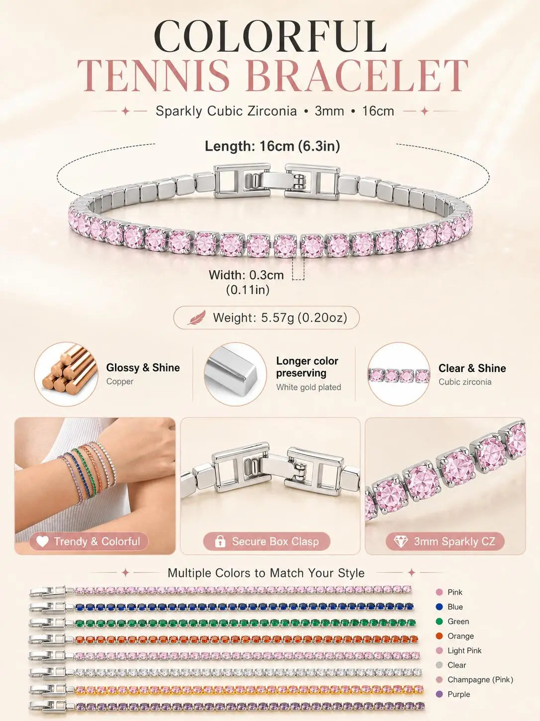 Colorful tennis bracelet with round pink cubic zirconia stones and silver-tone clasp