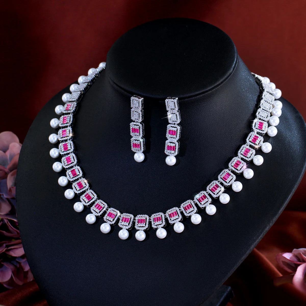 Sparkling CZ necklace with pearl bead fringe and matching geometric drop earrings set