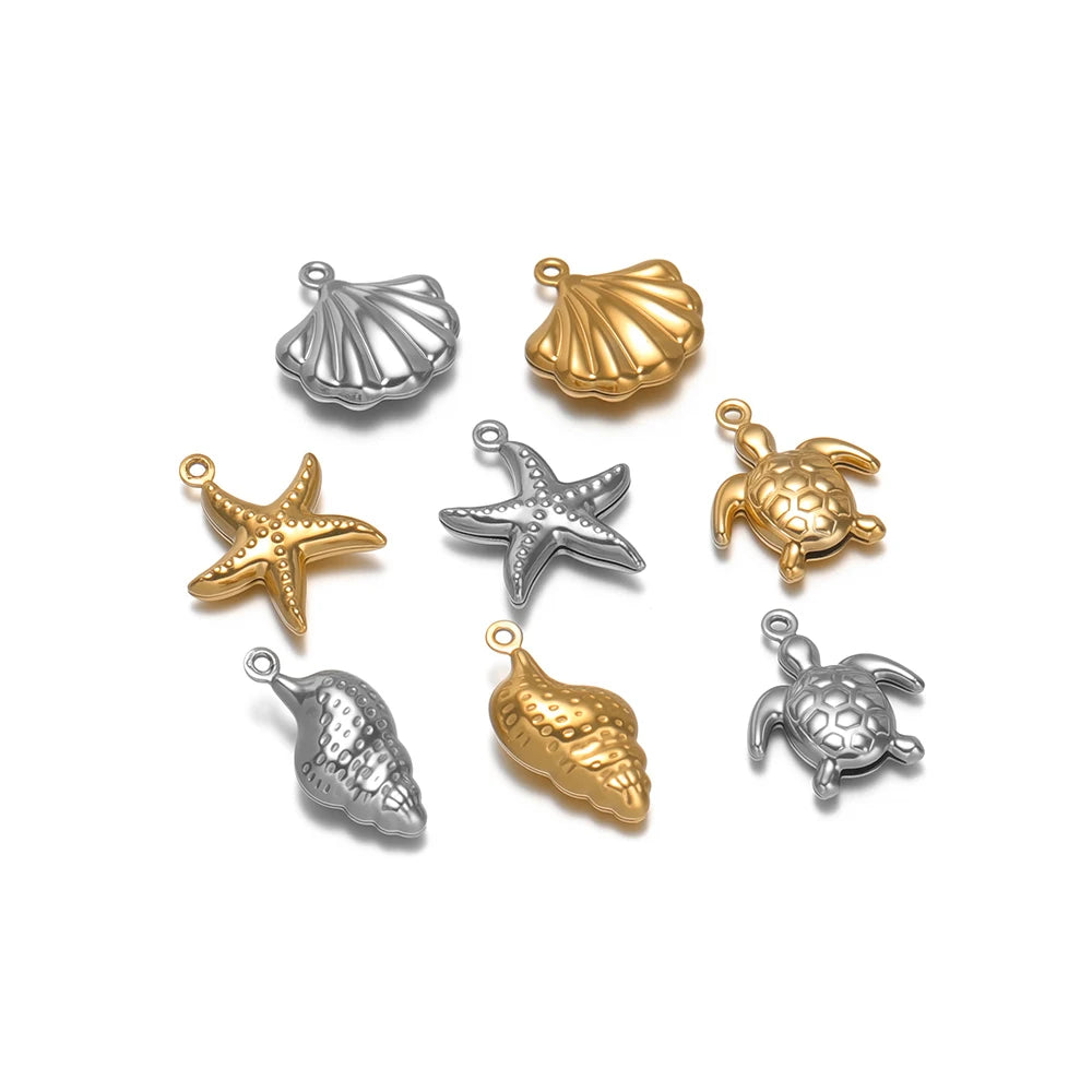 Hollow sea animal charms set: shells, starfish, turtle, and conch in gold and silver tones