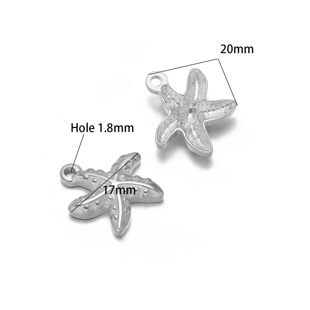 Silver starfish pendant charms with top loop; two smooth starfish silhouettes