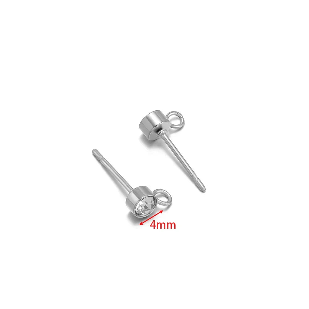 Silver zircon stud earring posts with loop hook, 4mm round stones, angled pair