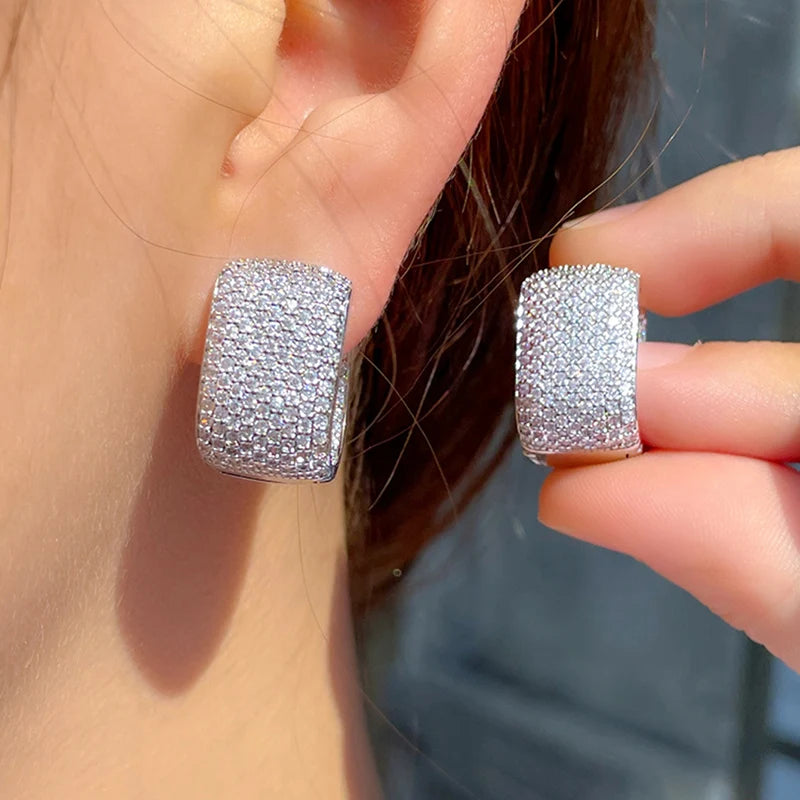 Square cubic zirconia hoop earrings in silver tone, full-stone square design