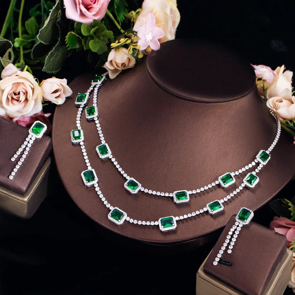 Green CZ rectangular double-layer necklace with matching beaded drop earrings, jewelry set