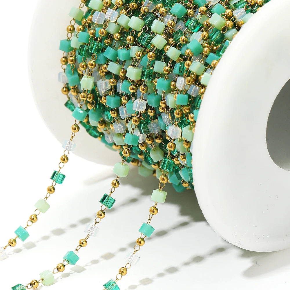 Gold link chain with turquoise and light green irregular glass stone beads for DIY