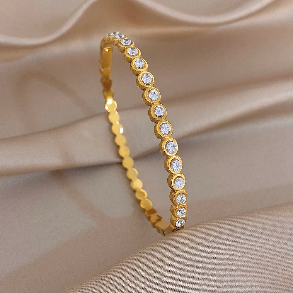 Delicate Zircon Flower Geometric Cuff Bangle for Women Glossy Gold Plated Stainless Steel Wristband Bracelets Waterproof Jewelry