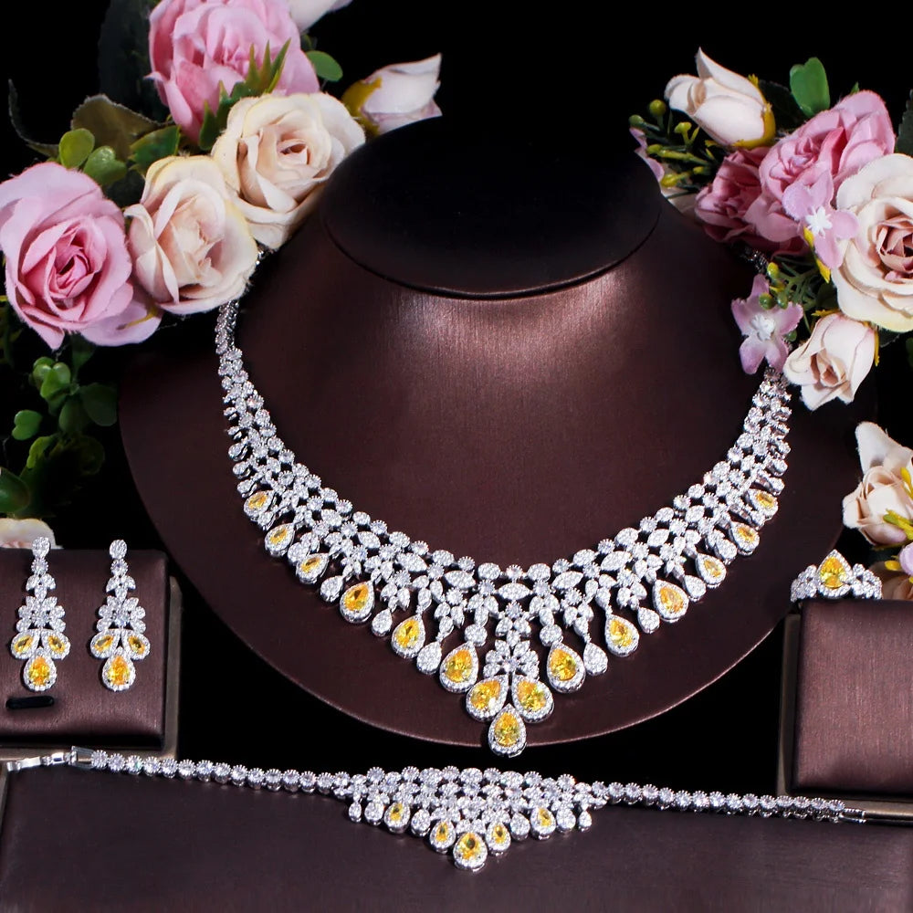 Bridal necklace and bracelet set in silver-tone with yellow and clear crystal drops