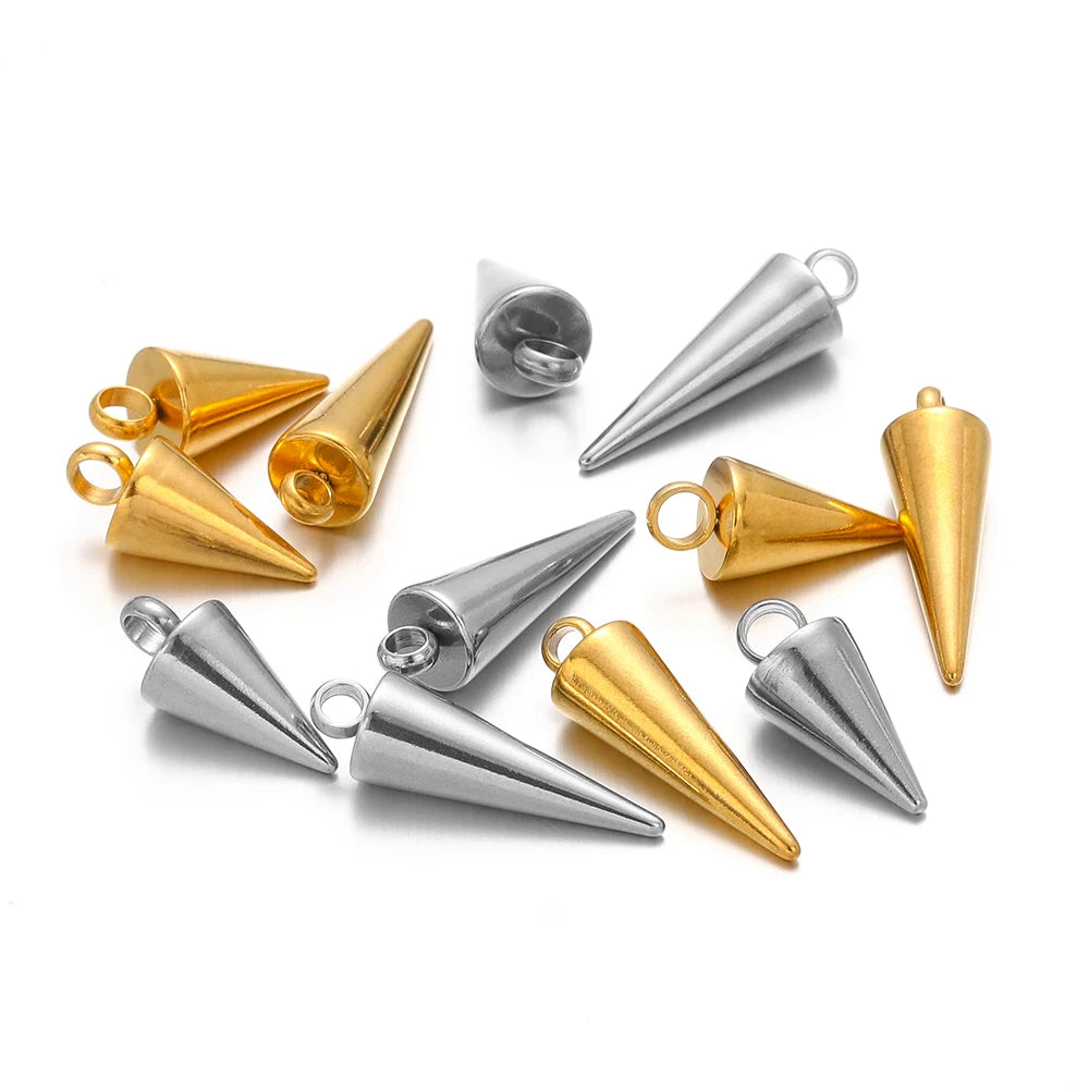 Gold and silver cone charms with ring loops and open tips, DIY jewelry parts