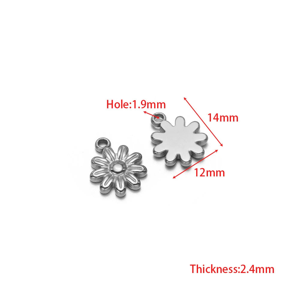 Stainless steel flower and snowflake charms with jump ring holes, silver-tone pair