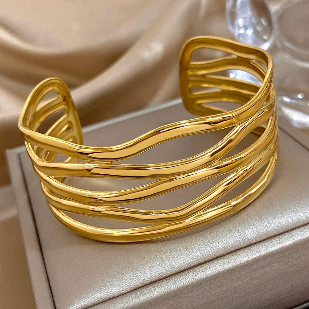 Exaggerated Geometric Stainless Steel Cuff Bangle Bracelets Irregular Gold Plated Chunky Wristband Bracelet Waterproof Jewelry