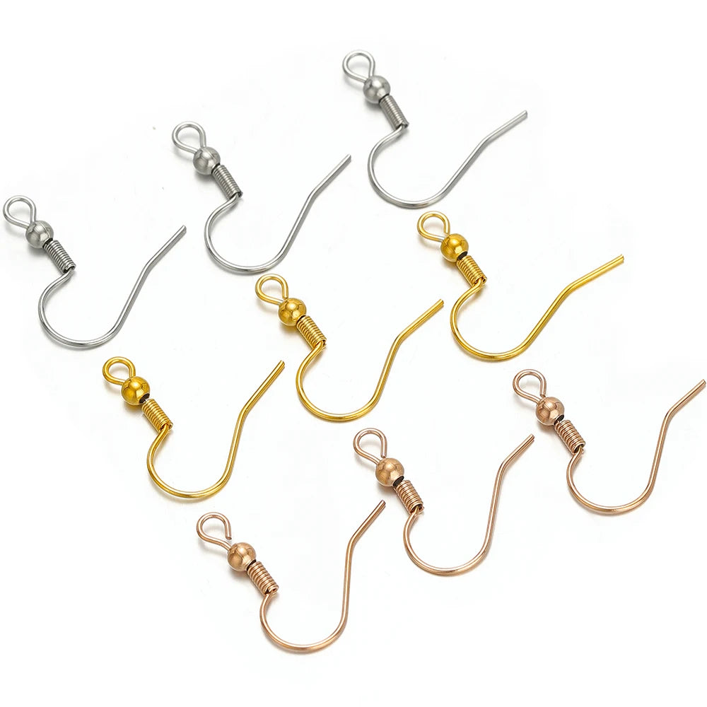 Stainless steel spring earring hooks with round bead clasp, assorted silver, gold, rose gold