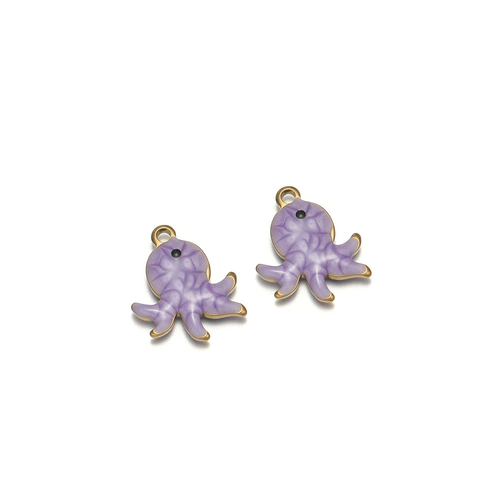 Purple enamel octopus charms with gold-tone loop, two pendant figures
