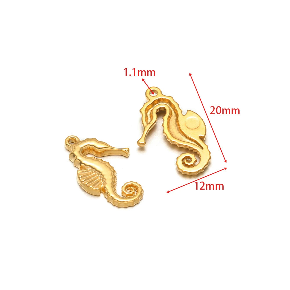 Stainless steel animal charm pendants set, seahorse shaped with gold-tone finish and loops