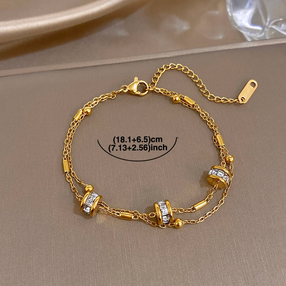 Gold double-layer rhinestone chain bracelet, 18.1+6.5 cm (7.13+2.56 in).