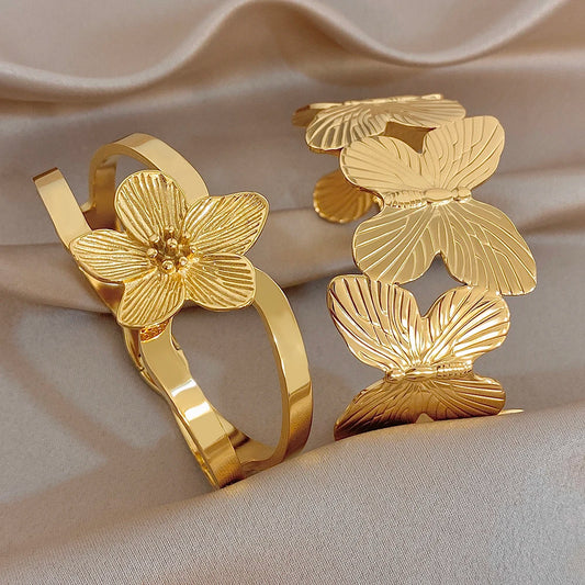 Exaggerated Gold Plated Stainless Steel Cuff Bangle Bracelet for Women Fashion Flower Butterfly Bracelets Waterproof Jewelry Set