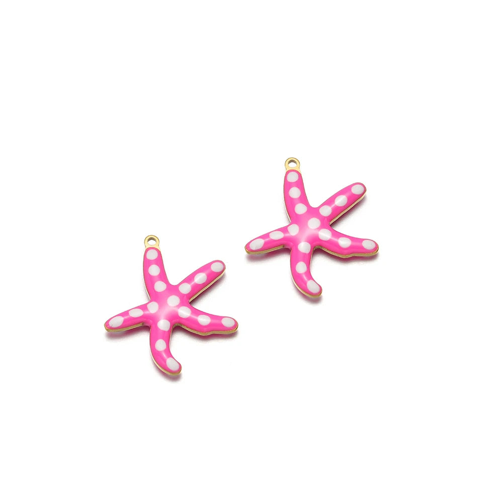 Pink enamel starfish charm with white dots and gold loop, set of 2