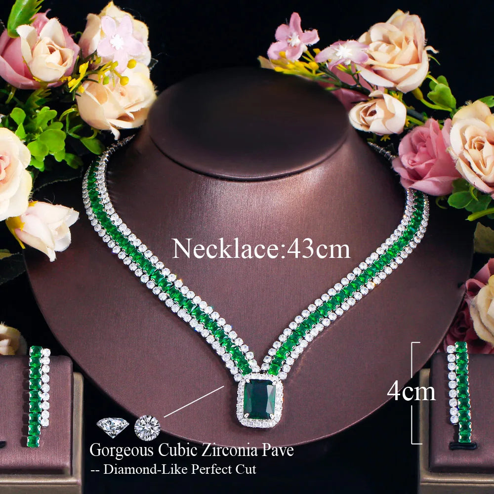 Green cubic zirconia rectangle pendant necklace with matching drop earrings jewelry set