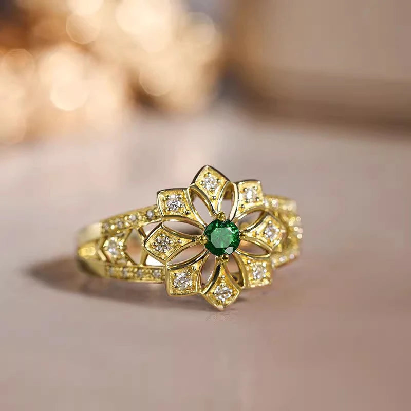 Green Cubic Zirconia Aesthetic Flower Rings For Women Wedding Anniversary Gift