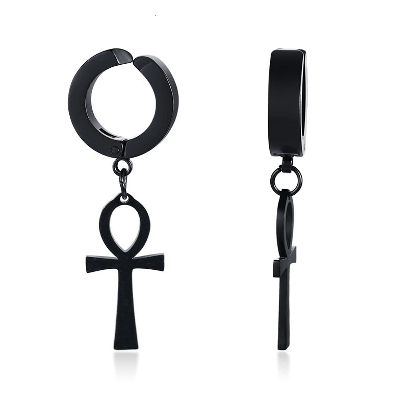Black-tone cross drop hoop earrings with dangling upright cross charm