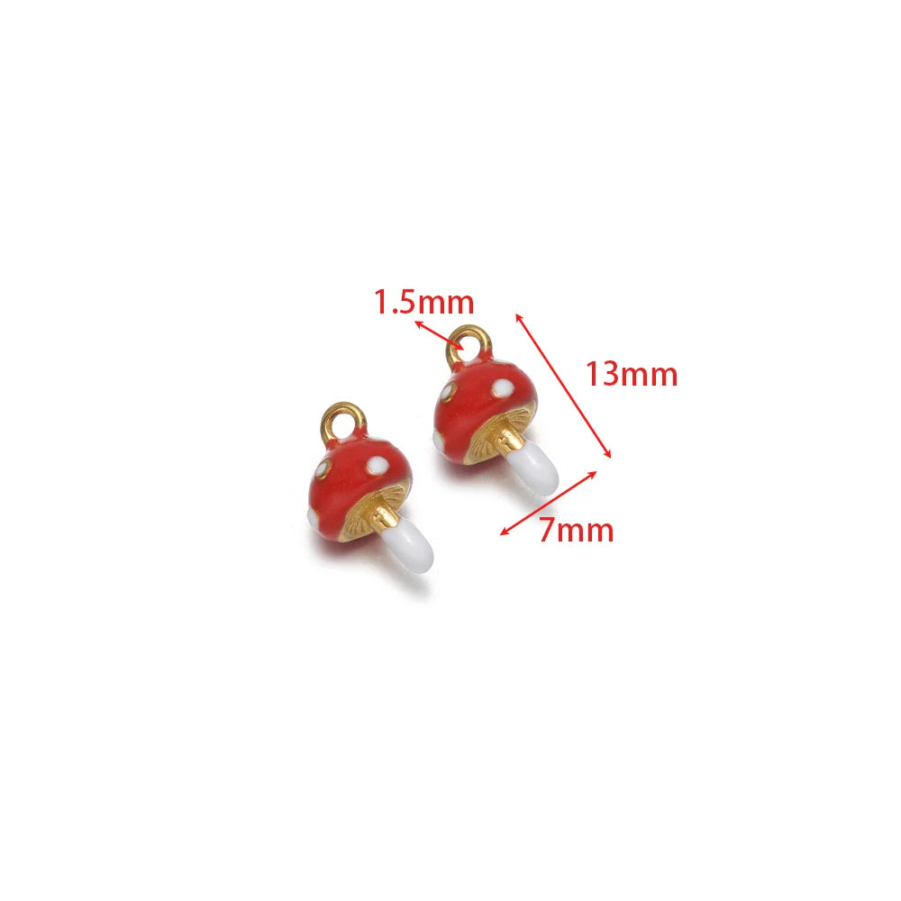 Red mushroom cap with white stem enamel charms with gold-tone loops, stainless steel