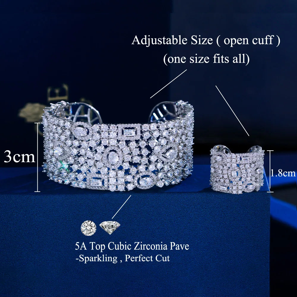 Silver-tone open cuff and matching ring displayed with width measurements
