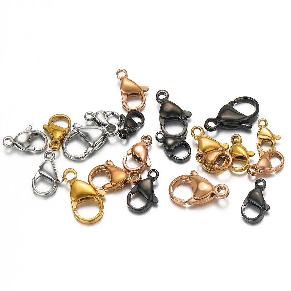 Assorted lobster clasp hooks for jewelry chain closure in gold, rose gold, black, silver