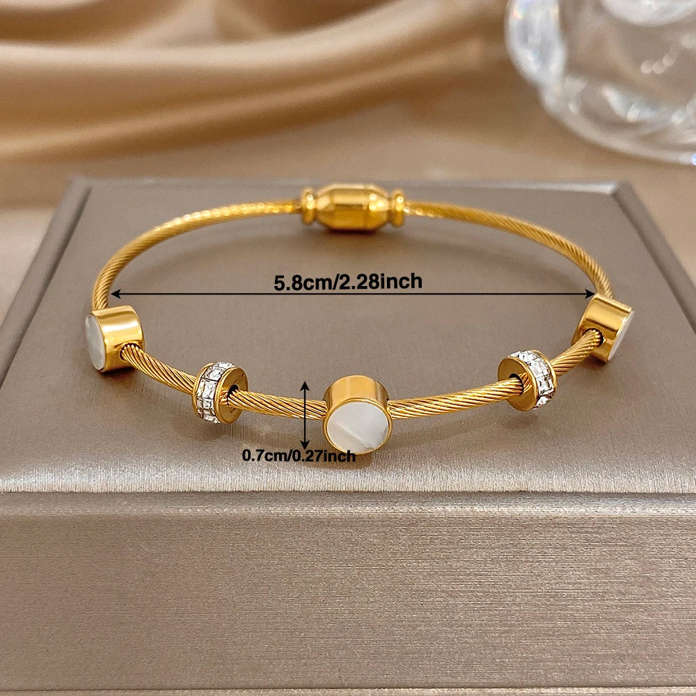 Chic Shell Rhinestone Twisted Stacked Bracelets for Women Elegant Gold Plated Stainless Steel Cuff Bangle Waterproof Jewelry