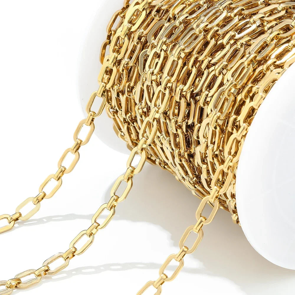 Gold square link chain, close-up view of interlocking metal links for jewelry making