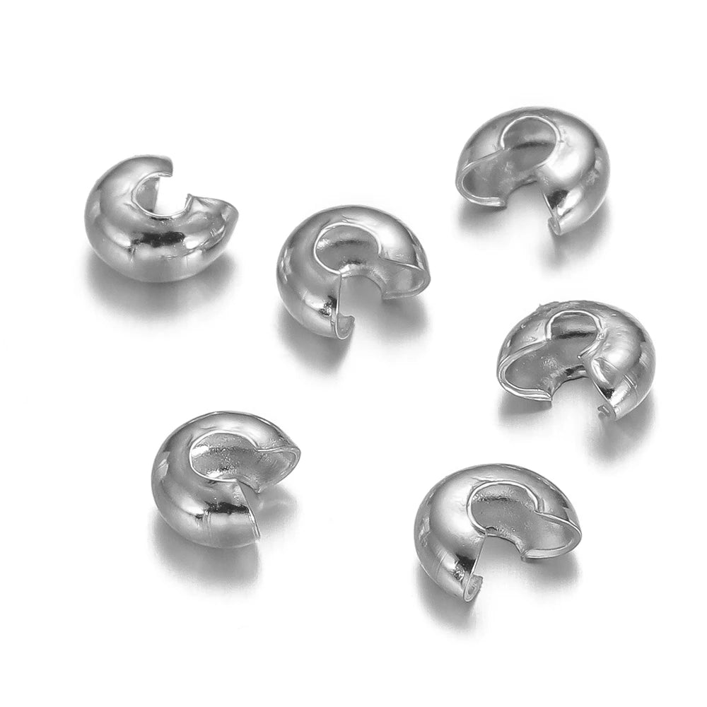 Silver open crimp end bead stoppers, curved open sleeves