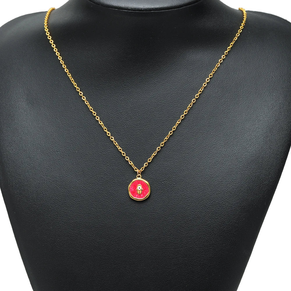 Gold chain necklace with round enamel evil eye charm pendant