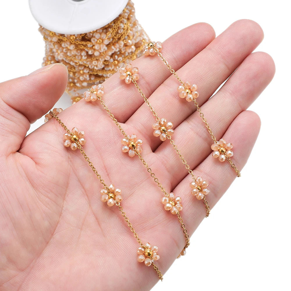 Gold-tone stainless steel daisy flower beaded satellite chain, peach beads, 1.5mm width