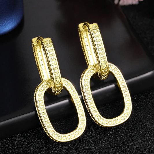 Fashion Geometric Oval Double Hoop Drop Earrings with Bright Zirconia Jewelry Gift