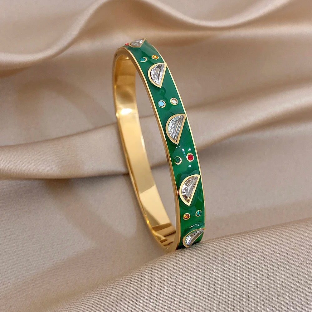 Delicate Green Enamel Stainless Steel Bangle for Women Glossy Colorful Zircon Stainless Steel Cuff Bracelets Waterproof Jewelry