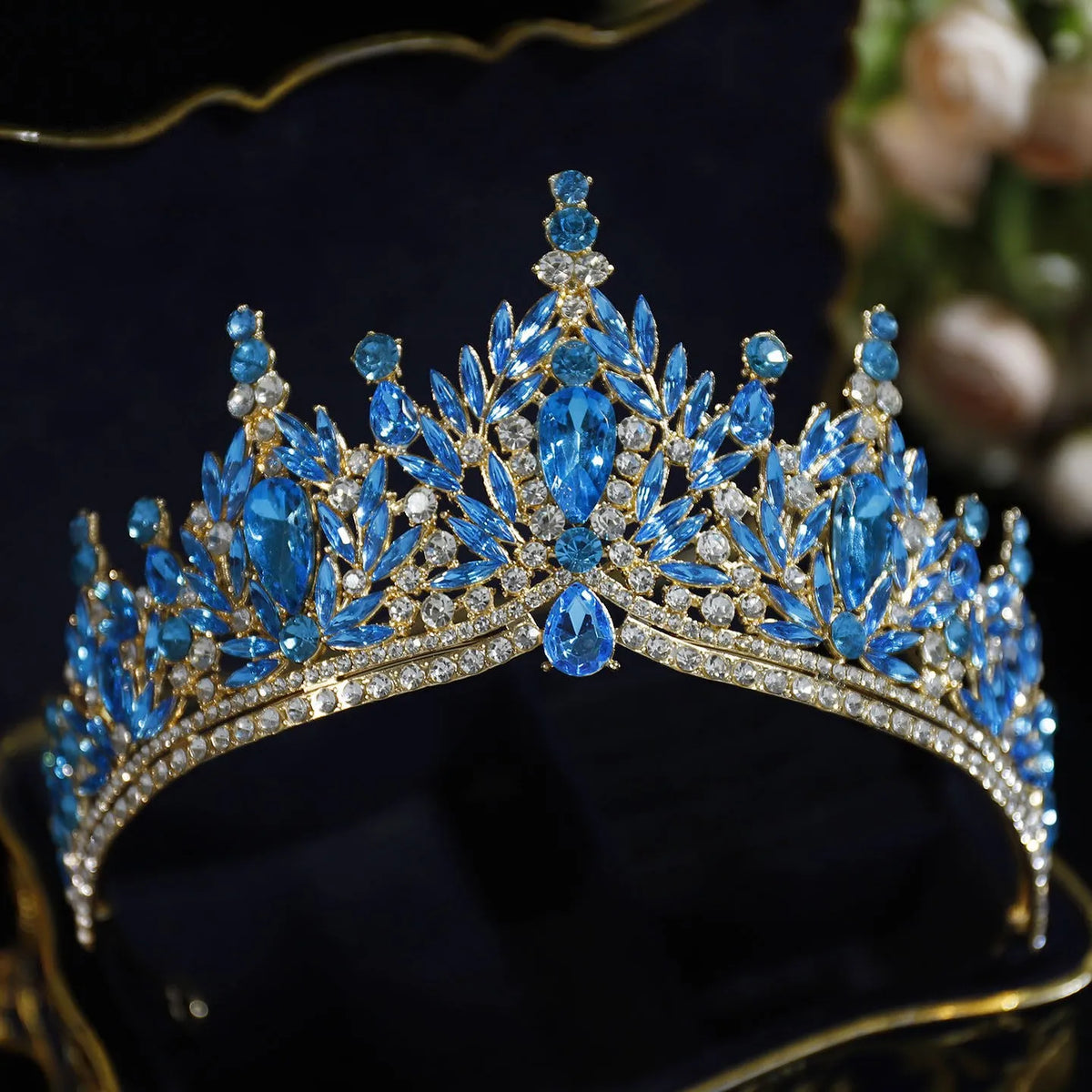 Blue crystal teardrop tiara crown with faceted stones and rhinestone band