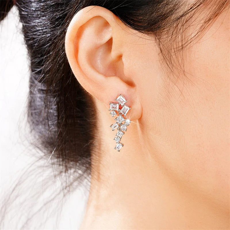 Silver-tone cubic zircon drop earrings with a square top and clustered stones