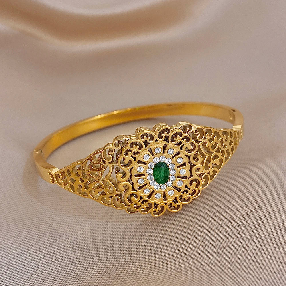 Exquisite Palace Hollow Flower Carved Bracelet for Women Chic Zircon Gold Plated Stainless Steel Cuff Bangles Waterproof Jewelry