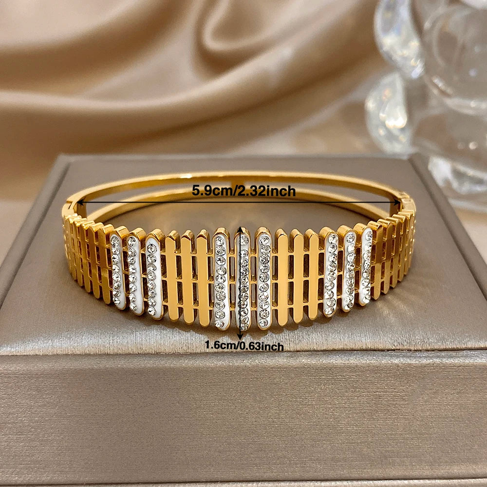 Exquisite Enamel Flower Cuff Bangle for Women Glossy Rhinestone Gold Plated Stainless Steel Waterproof Bracelets Party Jewelry