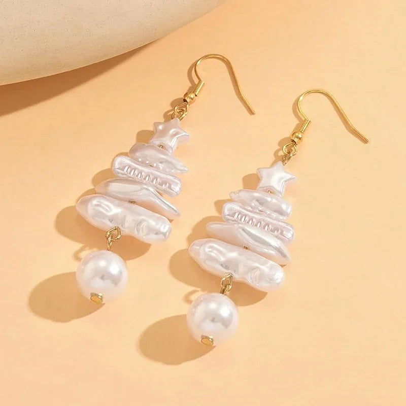 Pair of star-topped tree drop earrings with faux pearls, gold hooks